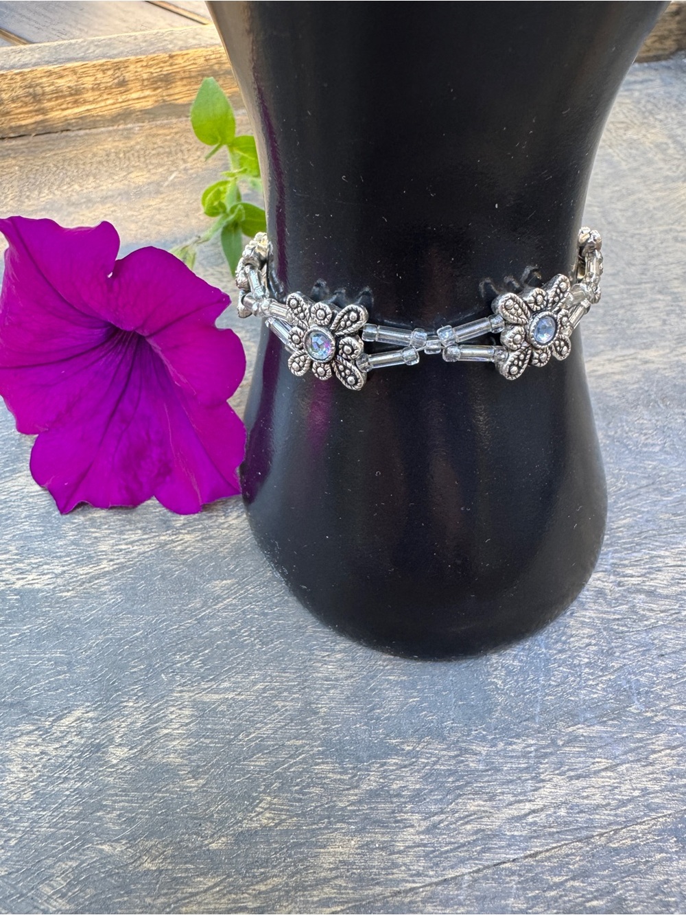 Silver Floral Link Bracelet with Swarovski Crystal Blue Accents